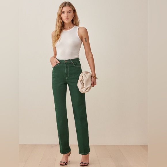 Reformation Cowboy High Rise Straight Jeans Emerald Green Size 24 - Picture 1 of 12